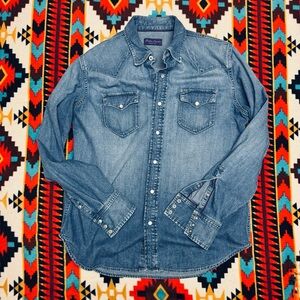 Ralph Lauren Purple Label Denim Western Shirt Large Blue Faded Wash Pearl Snap